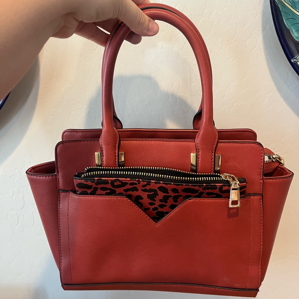 Red Handbag with Leopard Print Accent